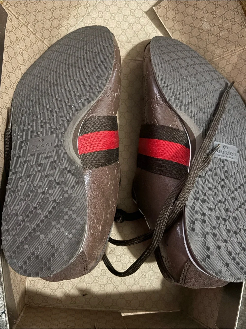 Gucci Brown Suede Sneakers with Red Web Stripe never been worn even one time